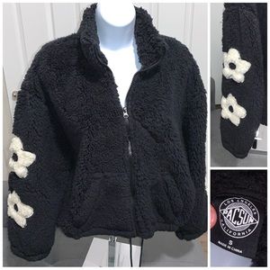 PacSun Flower Sleeve Black Crop Full Zip Sherpa Jacket